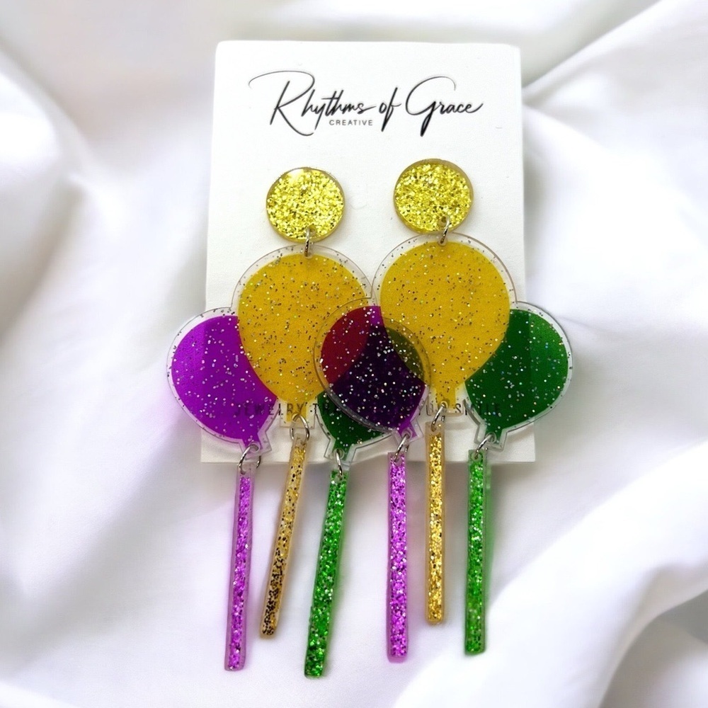 Festive Flair: Sparkling Mardi Gras Balloon Dane Earrings for a Carnival Vibe!